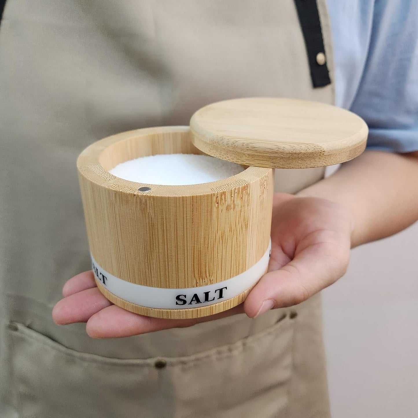 Salt Box Bamboo Salt Container with Swivel Lid with Magnetic to Easily Open and Seal Spice Cellar for Storing Salt Pepper Sugar Herbs Small Spice 8OZ Capacity