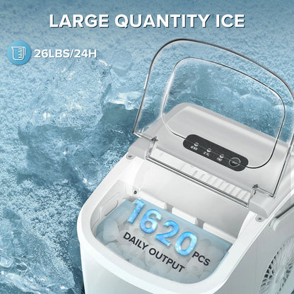 26 Lbs/24H Countertop Ice Maker Machine, 9 Bullet-Shaped Ice in 6 Min, Auto-Cleaning, White