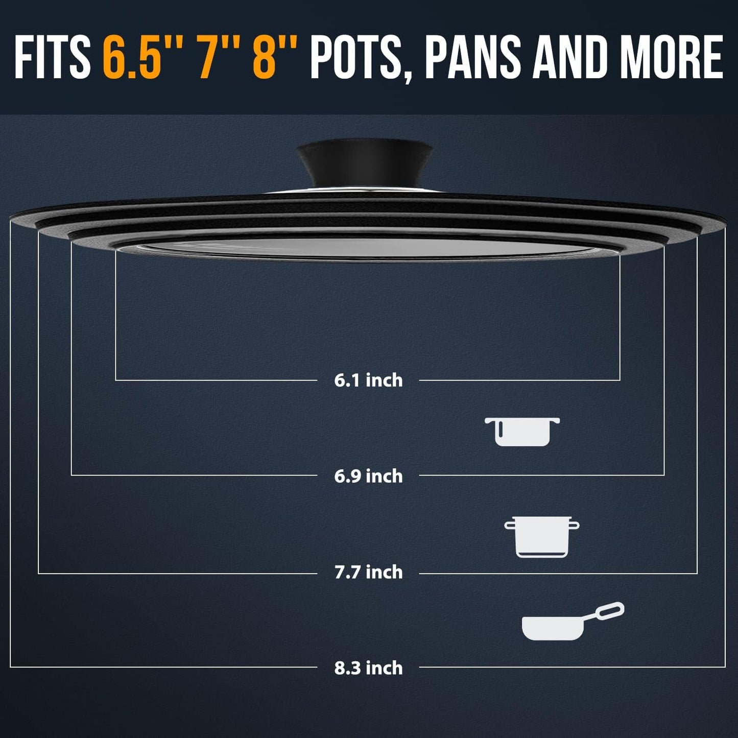 Universal Lid for Pots, Pans and Skillets & Frying Pan - Small Pan Lids Fits 6.5", 7" and 8" Diameter Cookware - Tempered Glass with Heat Resistant Silicone Rim