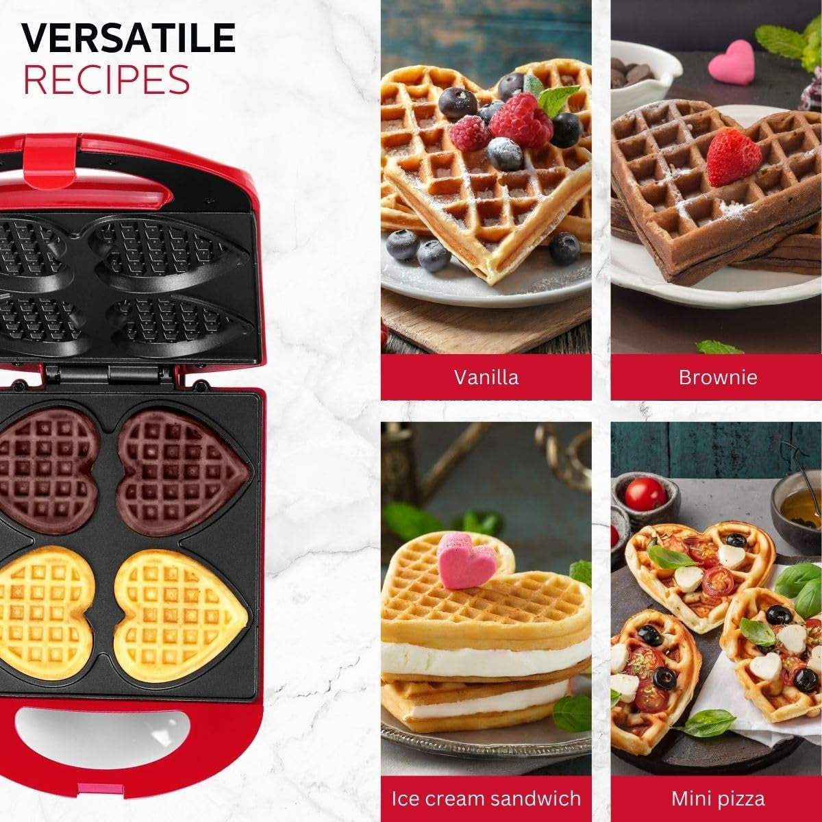 - Non-Stick Heart Waffle Maker, Red - Makes 4 Heart-Shaped Waffles in Minutes