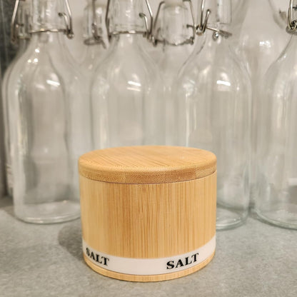 Salt Box Bamboo Salt Container with Swivel Lid with Magnetic to Easily Open and Seal Spice Cellar for Storing Salt Pepper Sugar Herbs Small Spice 8OZ Capacity