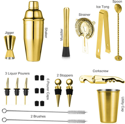 Gold 24-Piece Cocktail Shaker Set,Perfect Home Bartending Kit for Drink Mixing,Stainless Steel Bar Tools with Stand,Velvet Carry Bag & Recipes Included