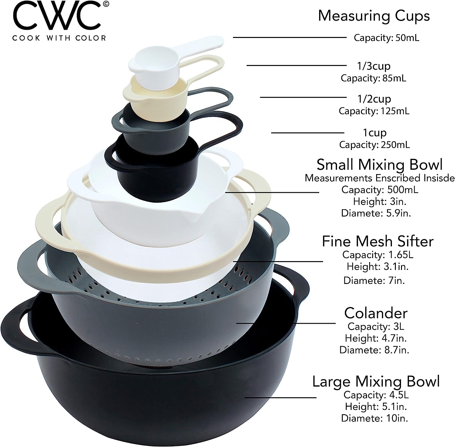 Nesting Bowls with Measuring Cups Colander and Sifter Set - Includes Mixing Bowls, Colander, Sifter and Measuring Cups, Black, 8 Pc Bowl