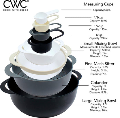 Nesting Bowls with Measuring Cups Colander and Sifter Set - Includes Mixing Bowls, Colander, Sifter and Measuring Cups, Black, 8 Pc Bowl