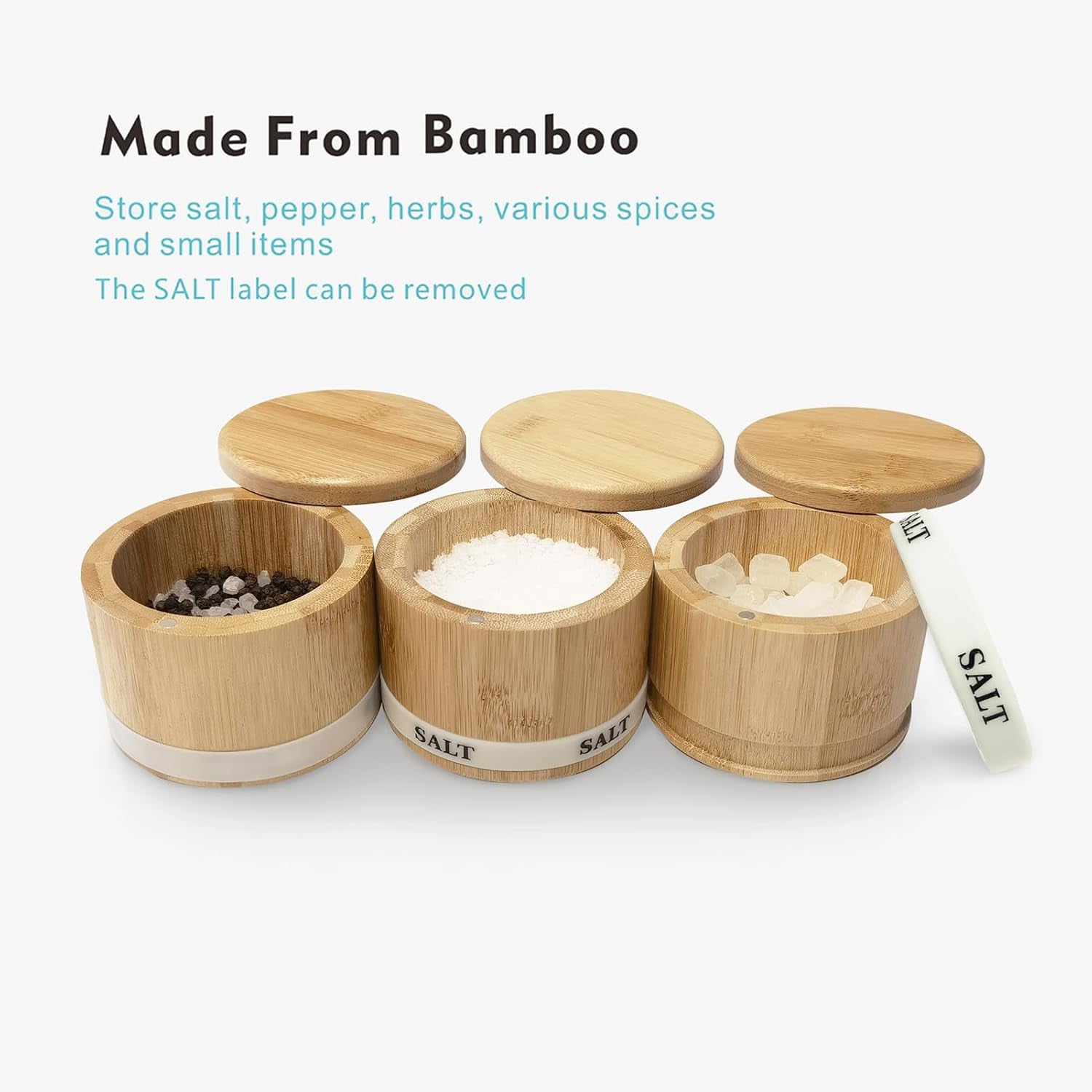 Salt Box Bamboo Salt Container with Swivel Lid with Magnetic to Easily Open and Seal Spice Cellar for Storing Salt Pepper Sugar Herbs Small Spice 8OZ Capacity