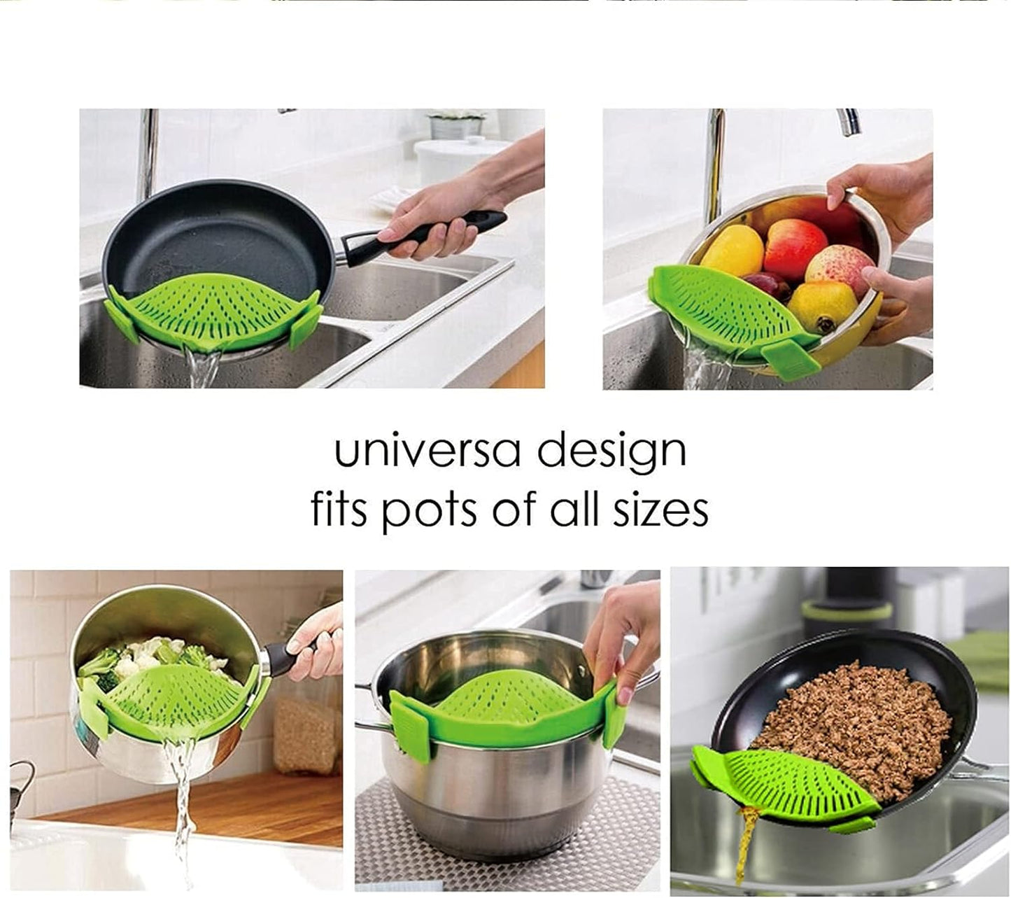 2 Pcs Clip on Strainer, Pot Strainer for Pasta Meat Vegetables Fruit, Silicone Strainer - Fit All Pots Bowls.