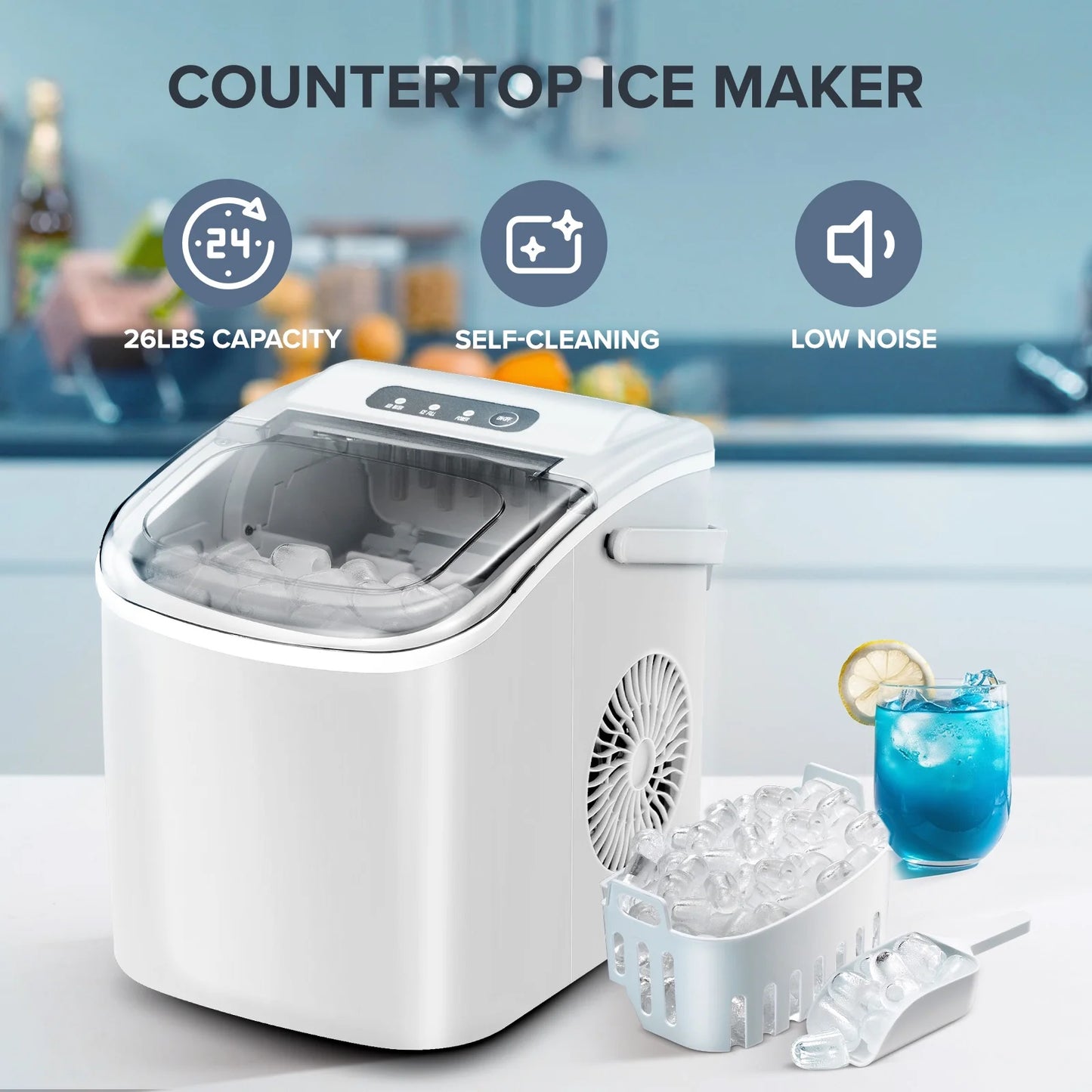 26 Lbs/24H Countertop Ice Maker Machine, 9 Bullet-Shaped Ice in 6 Min, Auto-Cleaning, White