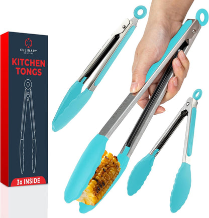 Silicone Kitchen Tongs for Cooking with Silicone Tips, Heat Resistant Tongs for Serving Food, 7-Inch, 9-Inch, 12-Inch Locking Tongs, Set of 3 Salad Tongs, Aqua Sky Kitchen Utensils