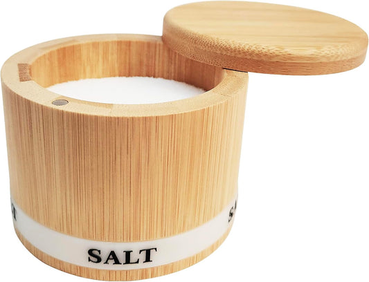 Salt Box Bamboo Salt Container with Swivel Lid with Magnetic to Easily Open and Seal Spice Cellar for Storing Salt Pepper Sugar Herbs Small Spice 8OZ Capacity